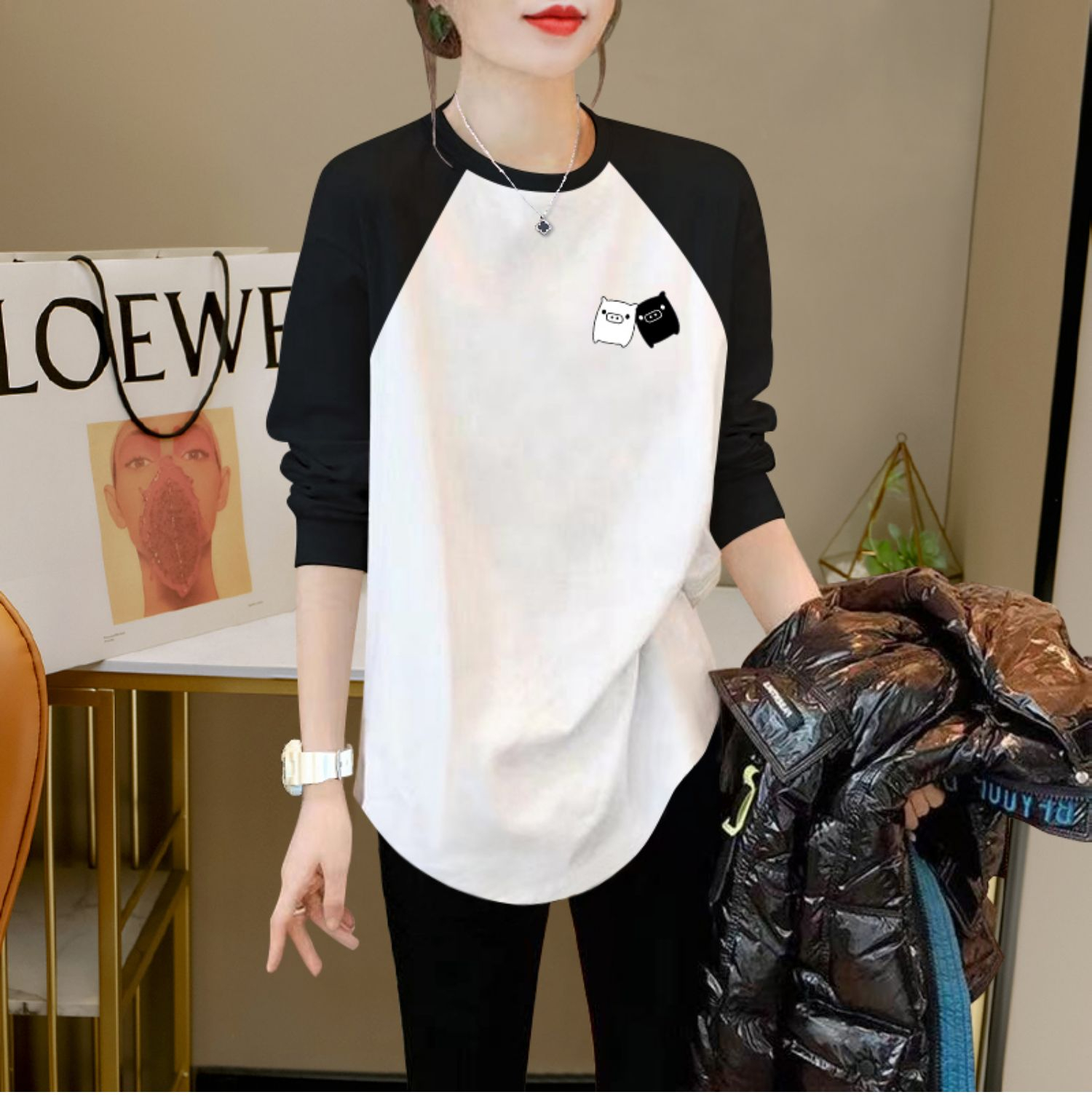 插肩女秋季新款大碼女裝寬鬆美式復古長袖t恤撞色拼接上衣潮