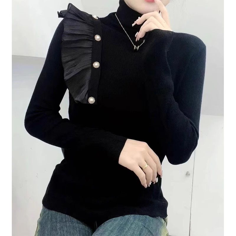 Fashionable design of one-sided ruffled turtleneck slim-fitting bottoming shirt winter solid color slimming beaded soft waxy sweater for women