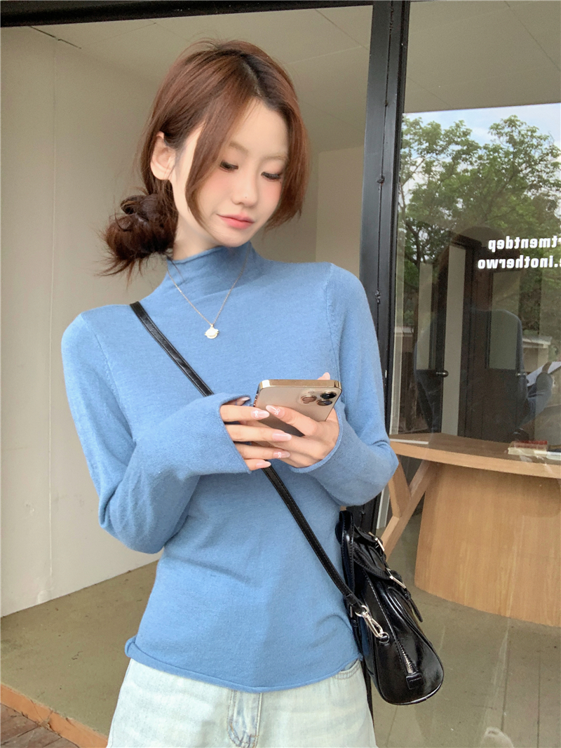 實拍~ 包芯紗個性卷邊針織半高領套頭打底衫毛衣女