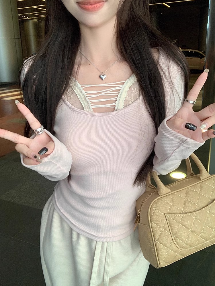 設計感小眾秋冬新款德絨假兩件蕾絲拼接T恤辣妹短款打底衫女上衣