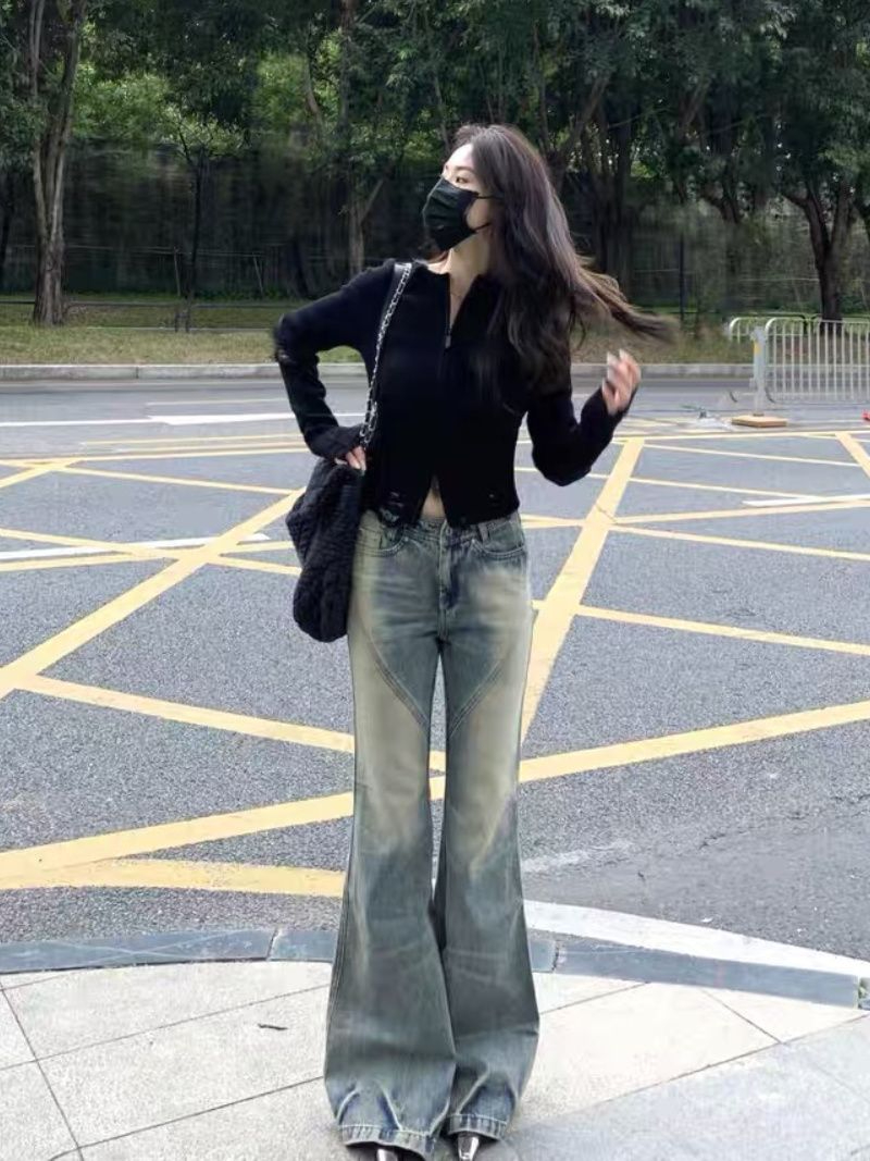 高街復古做舊直筒牛仔褲女高腰顯瘦寬鬆微喇叭闊腿拖地牛仔褲長褲