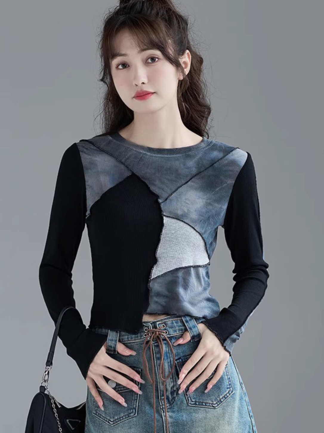 做舊不規則拼接設計感T恤女秋冬針織衫妹甜辣修身短款內搭上衣
