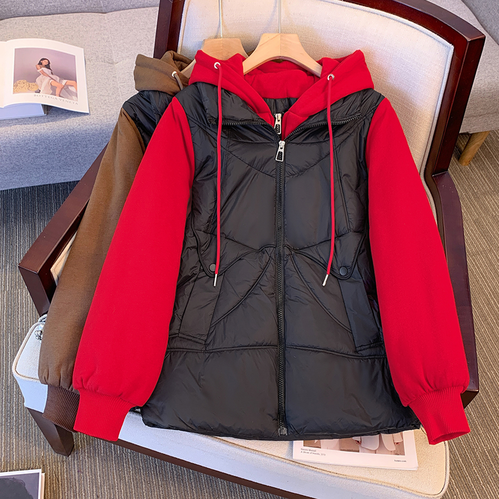 Real shot of plus size women's clothing 2023 new winter style fake two-piece cotton clothing casual contrasting color western style stitching hooded cotton clothing