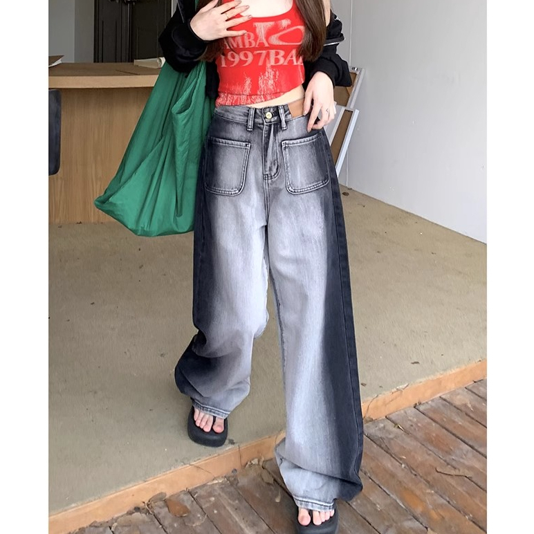 灰黑拼色休閒直筒牛仔褲女春秋新款寬鬆設計感高腰顯瘦百搭闊腿褲