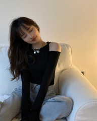 Hooded Design Sexy Shoulder T-shirt for Women Autumn Long Sleeve Slim Fitting Underwear 