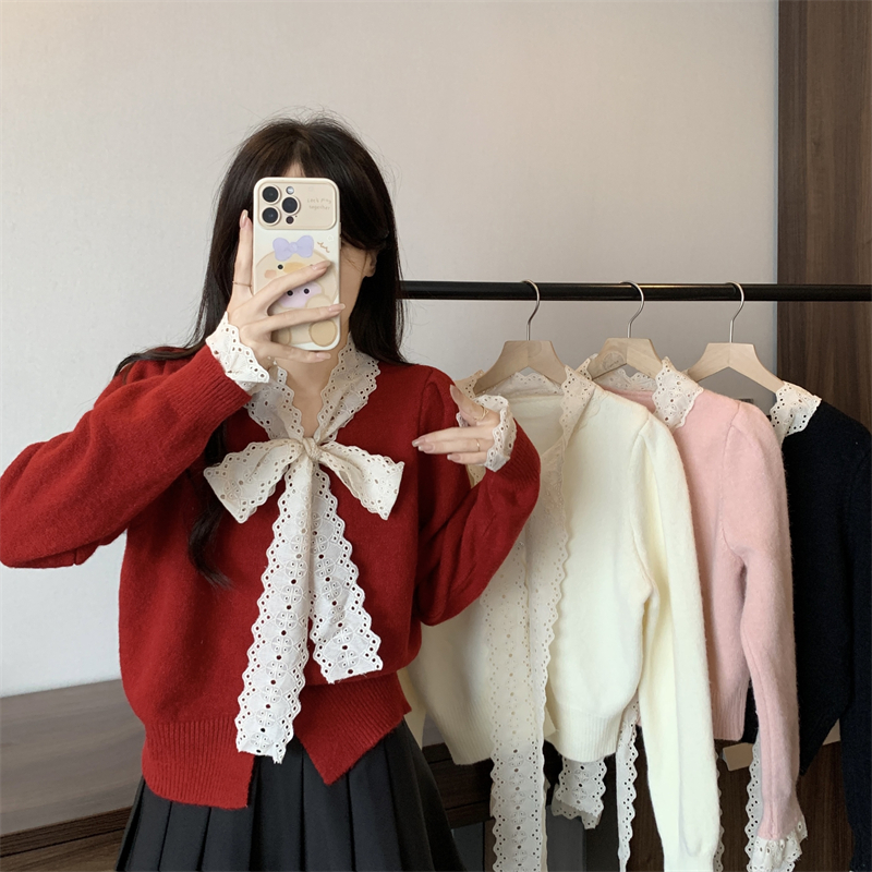 實拍 韓版單排扣綁帶蝴蝶結針織衫修身打底衫小眾別致上衣女