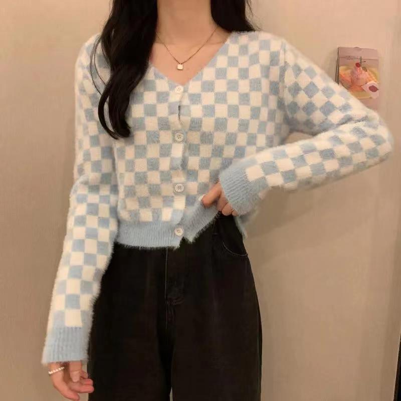 秋冬新款韓版甜辣風小眾格子短款開衫毛衣外套女