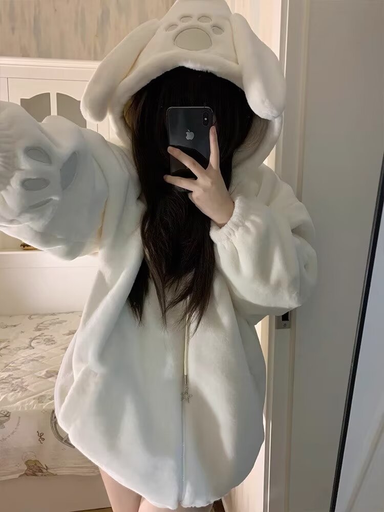 羊羔毛絨小熊耳朵連帽衛衣女2023秋冬季新款寬鬆加厚保暖上衣外套