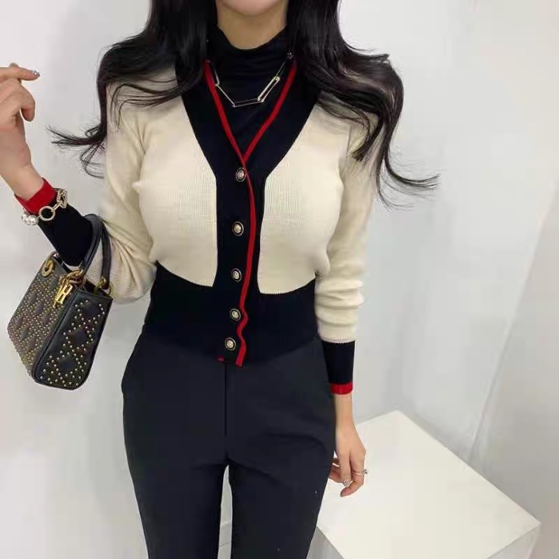 韓版時髦復古撞色V領針織開衫女新款輕奢氣質修身顯瘦短款毛衣潮