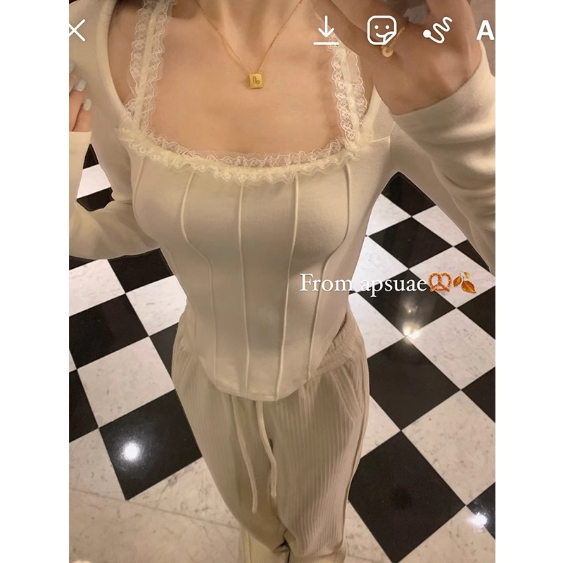德絨 小眾掛脖打底衫魚骨設計感t恤春秋冬長袖上衣