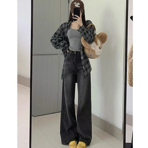 水洗黑灰色高腰闊腿牛仔褲女2023新款復古寬鬆顯瘦垂感拖地直筒褲