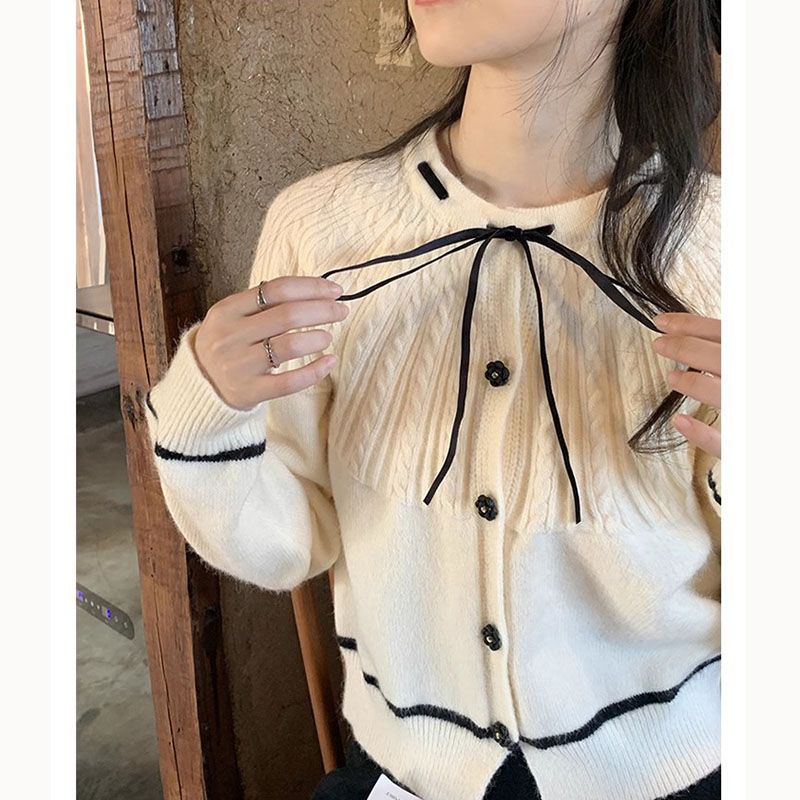 Lu Xiaotuan Tuan Bow Tie Knitted Sweater 2023 Winter New Korean Style Retro Style Top with French Top
