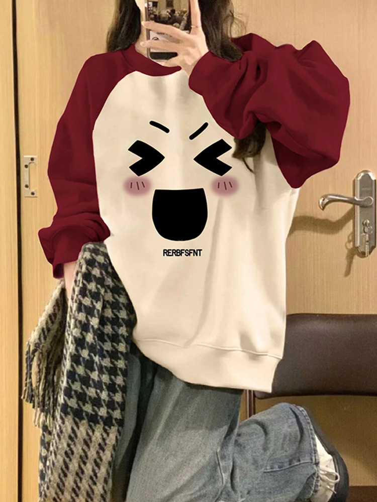 酒紅色撞色插肩長袖t恤女秋季韓系卡通小眾學院風上衣ins