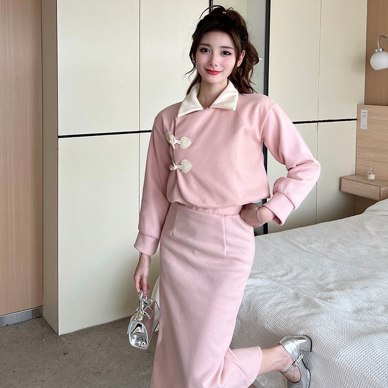 高級感粉色毛呢外套半身兩件套裝女秋冬ins韓系奶乖穿搭連衣裙子