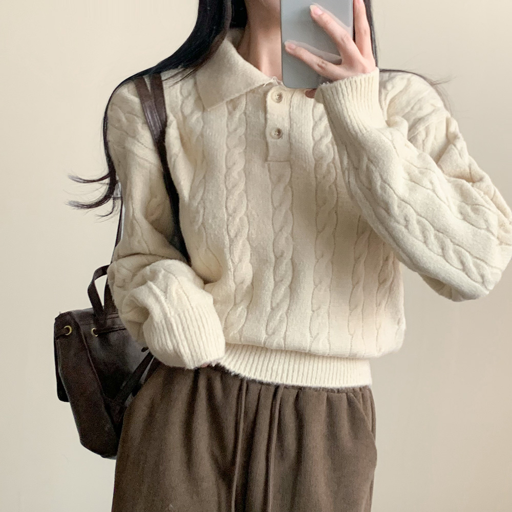 韓國chic冬日氣質翻領麻花毛衣女針織衫