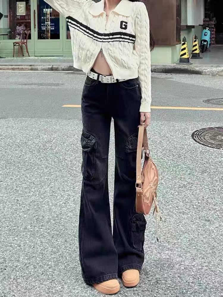 黑色辣妹微喇工裝牛仔褲女2023秋季新款高腰設計感顯瘦喇叭拖地褲