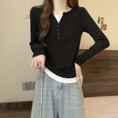 Actual shot of 2023 winter new style fat mm hot girl versatile design fake two-piece outer wear right shoulder bottoming T-shirt top