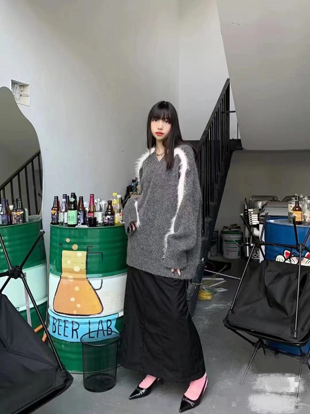 秋冬撞色貂絨拼接v領套頭毛衣女寬鬆慵懶風加厚針織衫