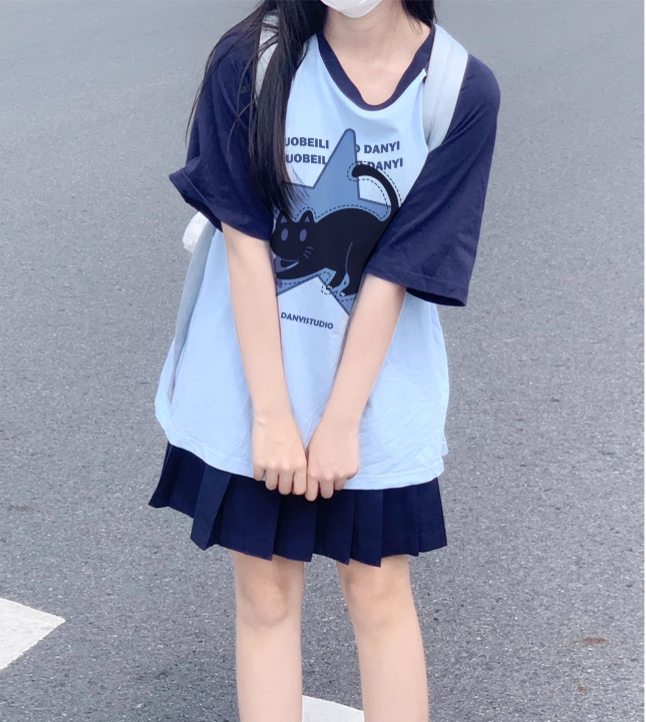 短袖T恤女2024設計感五角星寬鬆大碼女裝韓版撞色上