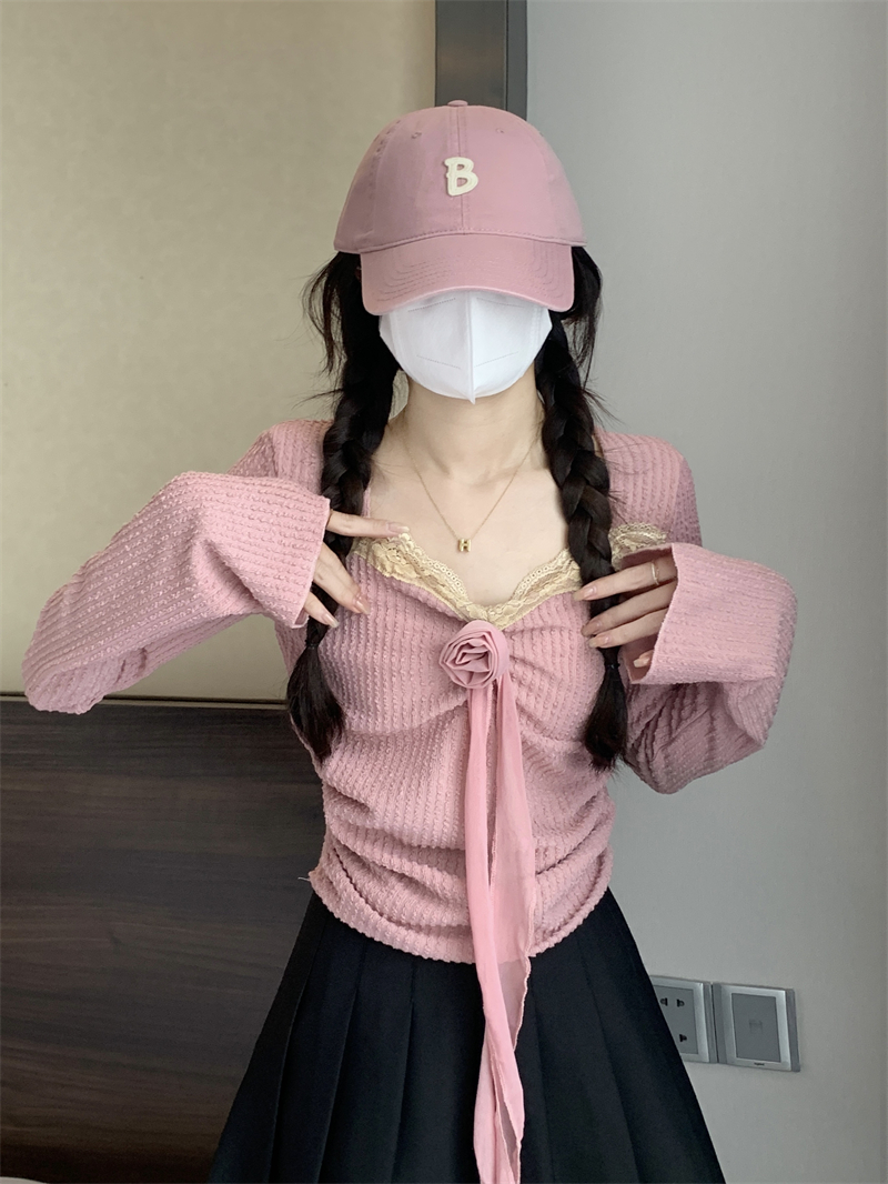 實拍 新款花朵針織蕾絲抽皺喇叭袖修身上衣