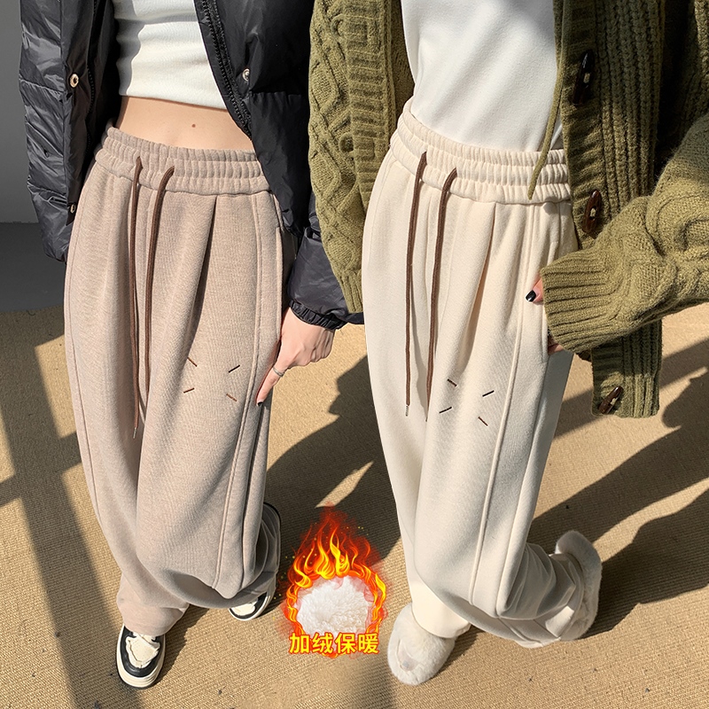 實拍羊羔絨加絨加厚羊絨闊腿褲女秋冬高腰顯瘦休閒直筒糯米褲子