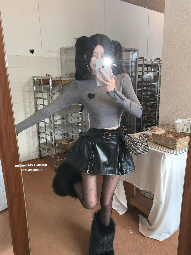 實拍  高領打底衫修身長袖上衣+秋冬高腰A字裙百褶皮裙半身裙