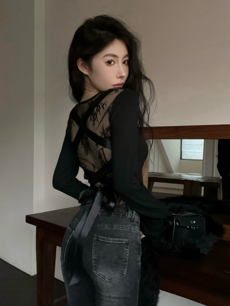 實拍秋冬辣妹風性感蕾絲拼接交叉綁帶長袖內搭純欲打底衫上衣