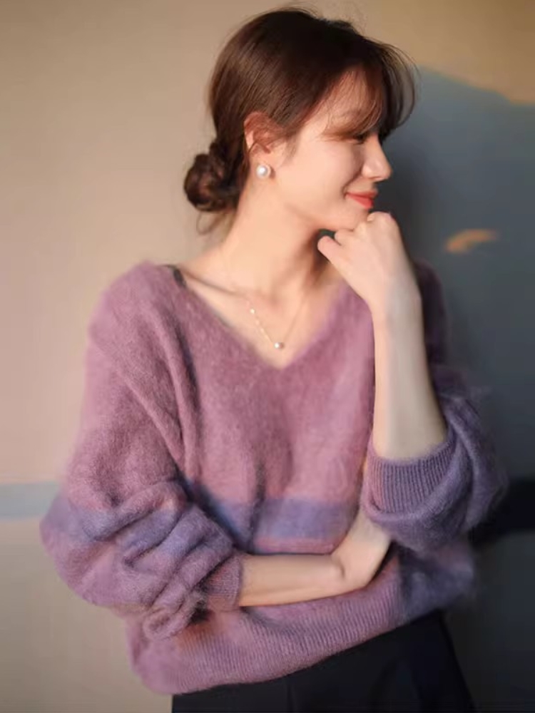 秋冬季女紫色軟糯貂絨衫小眾設計感慵懶風復古馬海毛V領針織毛衣