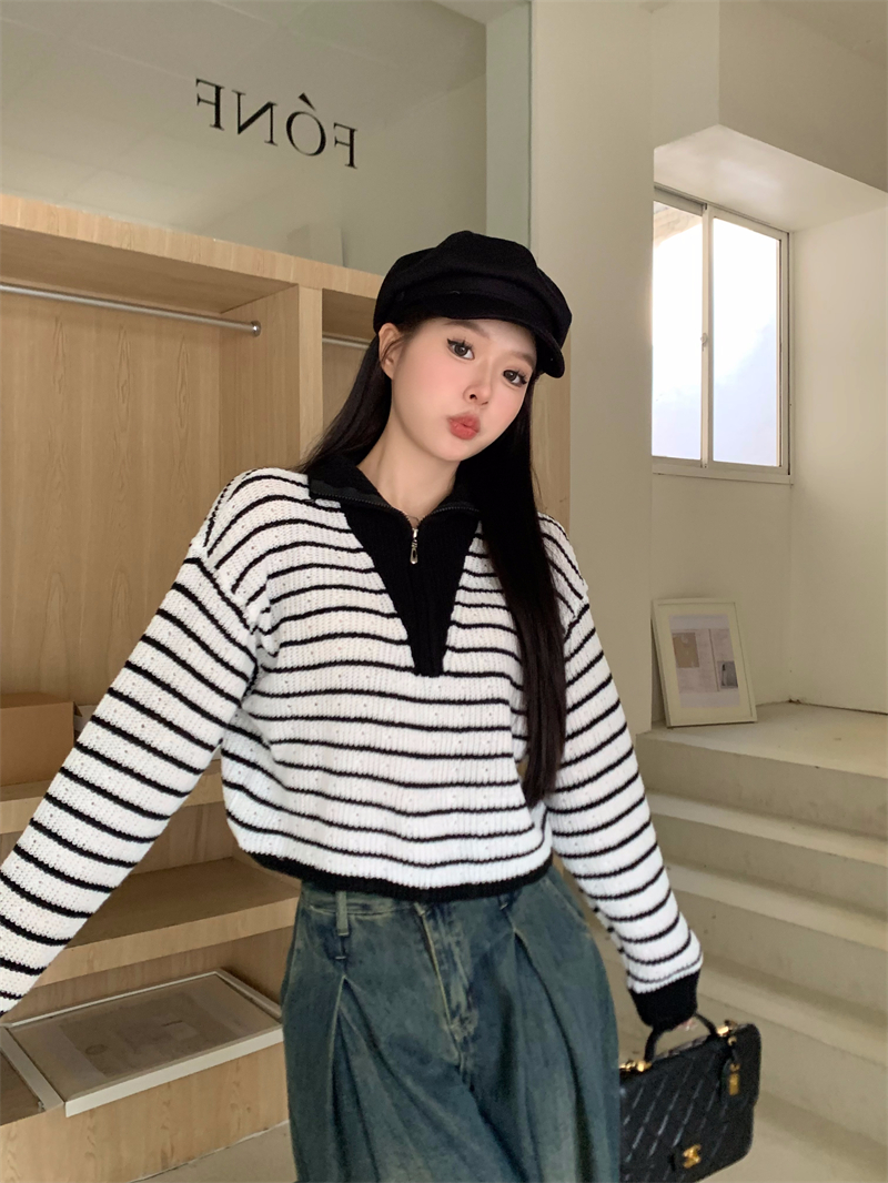 實拍 秋冬新款韓風設計感條紋半高領半拉鏈上衣套頭毛衣女