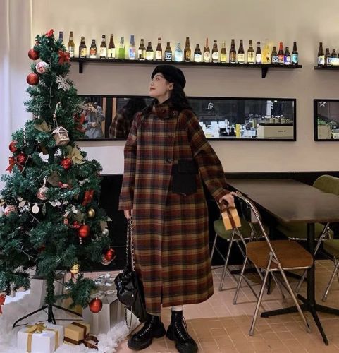 Christmas shirt style exquisite plaid new woolen coat women's mid-length small stand-up collar Korean style fashion coat jacket