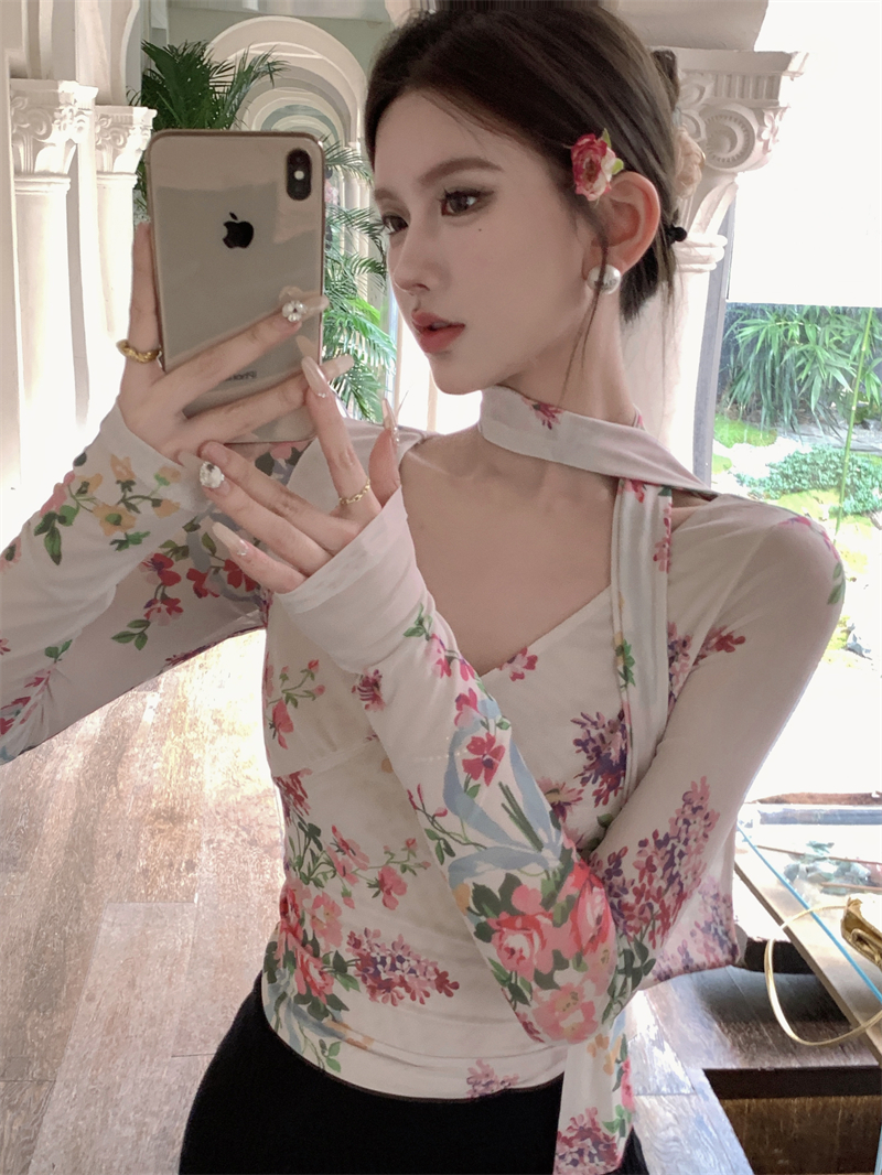 法式復古v領長袖印花網紗T恤女裝秋季