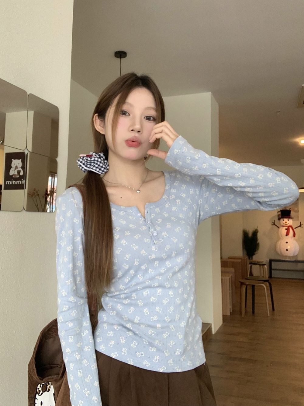 實拍三標齊減齡修身三粒扣圓領套頭內搭打底衫上衣
