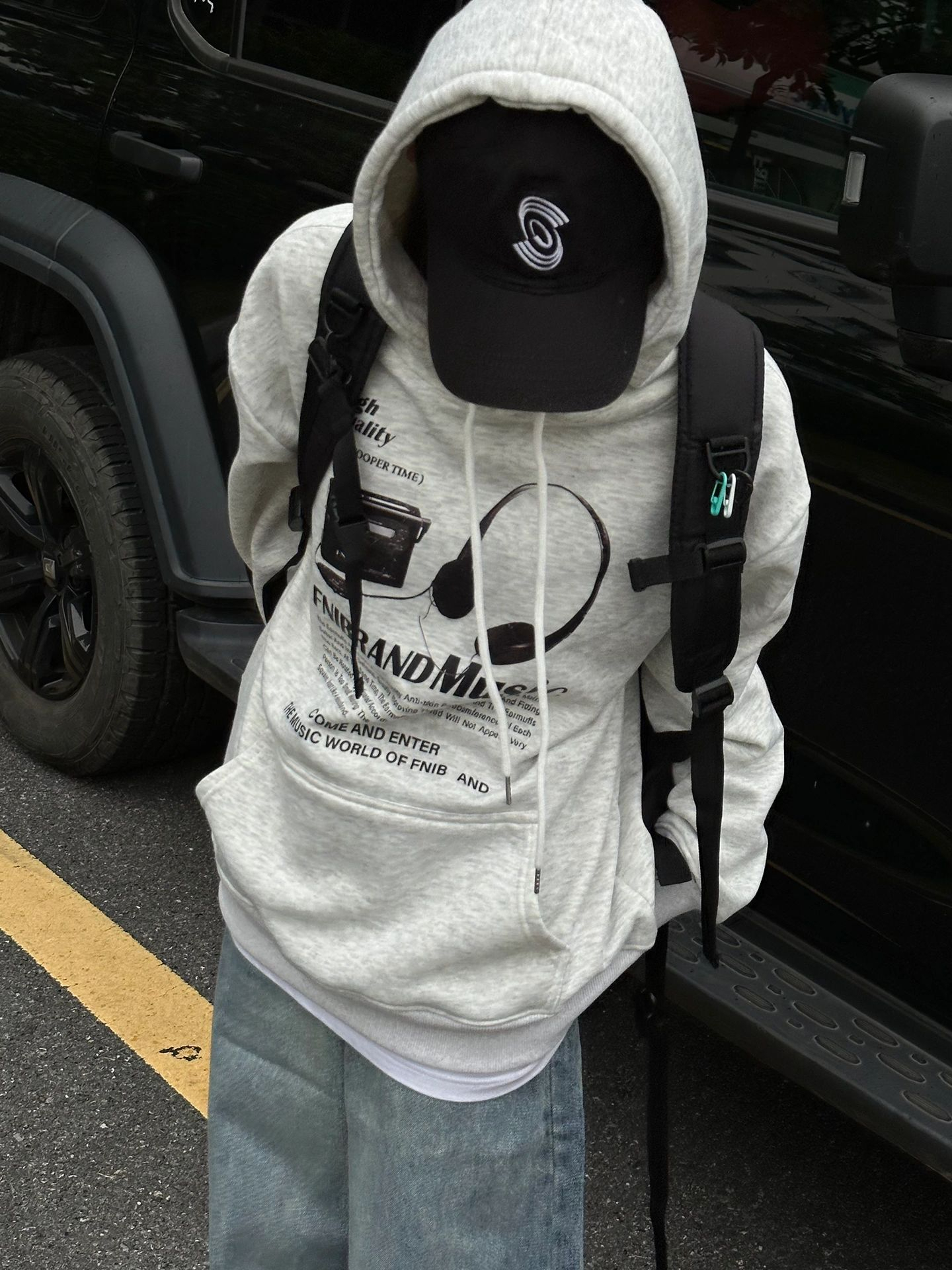 Pure cotton plus silver fox velvet trendy brand niche design printed loose and versatile hooded sweatshirt