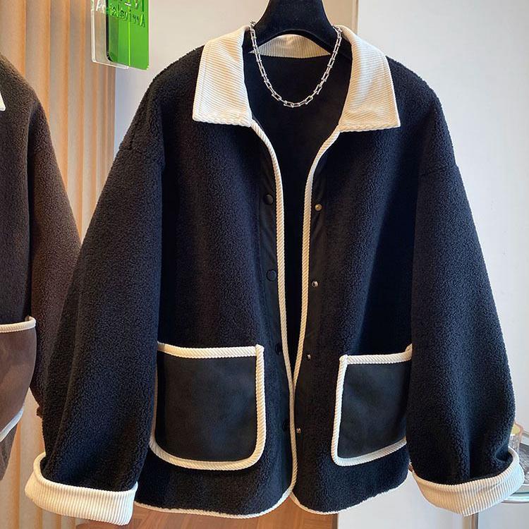 Lamb wool Korean style niche casual high-end design loose and versatile thickened splicing jacket