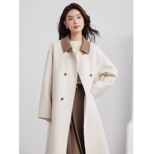 Korean niche design contrasting color temperament goddess style coat for women autumn and winter new contrasting color Hepburn style woolen coat