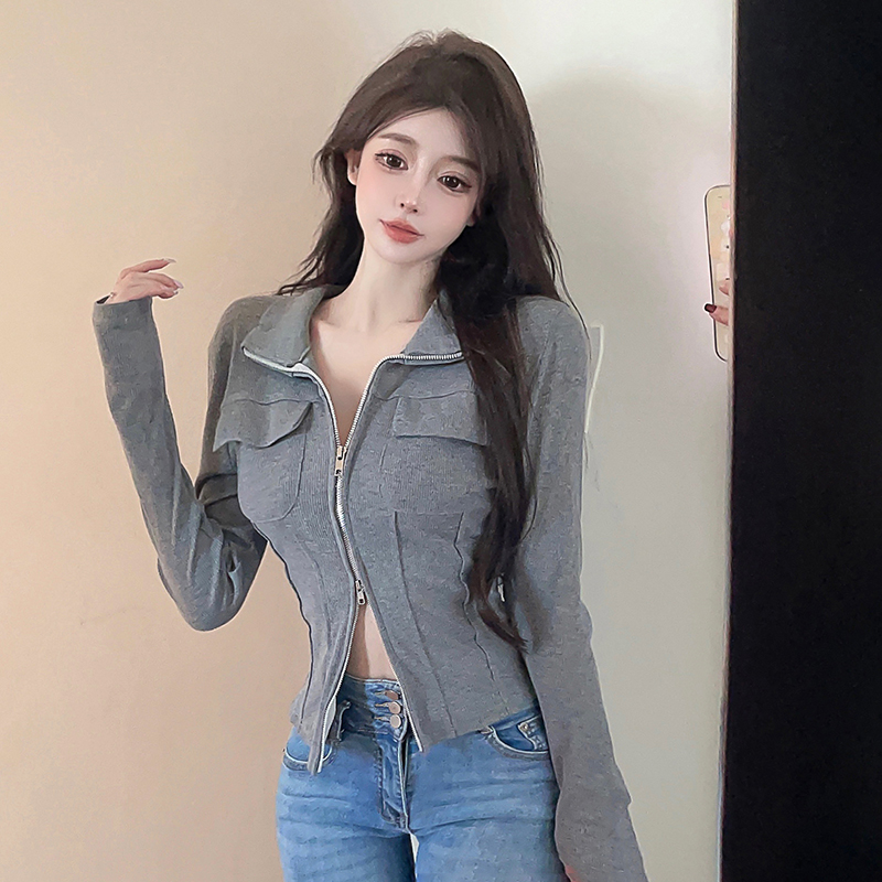 灰色短款高級感外套女修身顯瘦開衫辣妹純欲短上衣