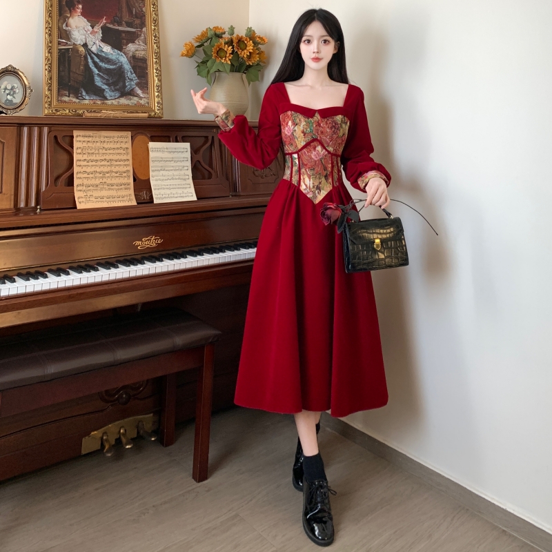 大碼女裝敬酒服新娘裝絲絨長袖訂婚禮服連衣裙回門便裝酒紅色冬