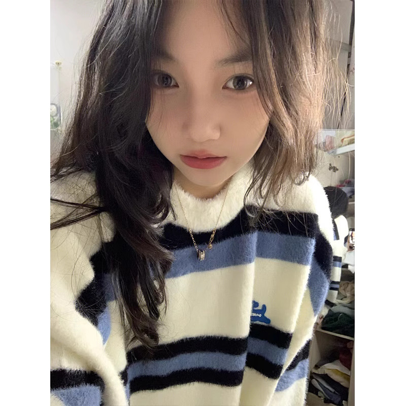 古着vintage條紋針織毛衣女秋冬設計感小眾慵懶風軟糯糯上衣ins潮
