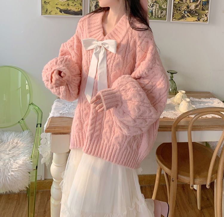 溫柔甜餅粉色寬鬆v領慵懶溫柔風麻花套頭毛衣女春秋新款針織衫潮