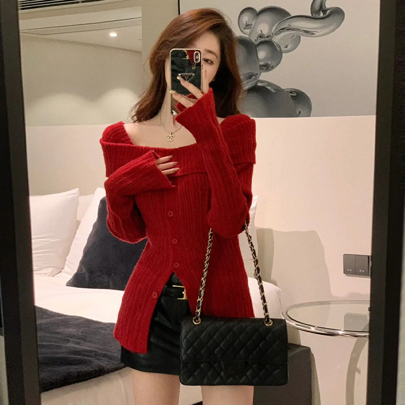 Christmas red one-shoulder sweater for women 2023 new style lazy style inner knitted bottoming shirt top autumn and winter
