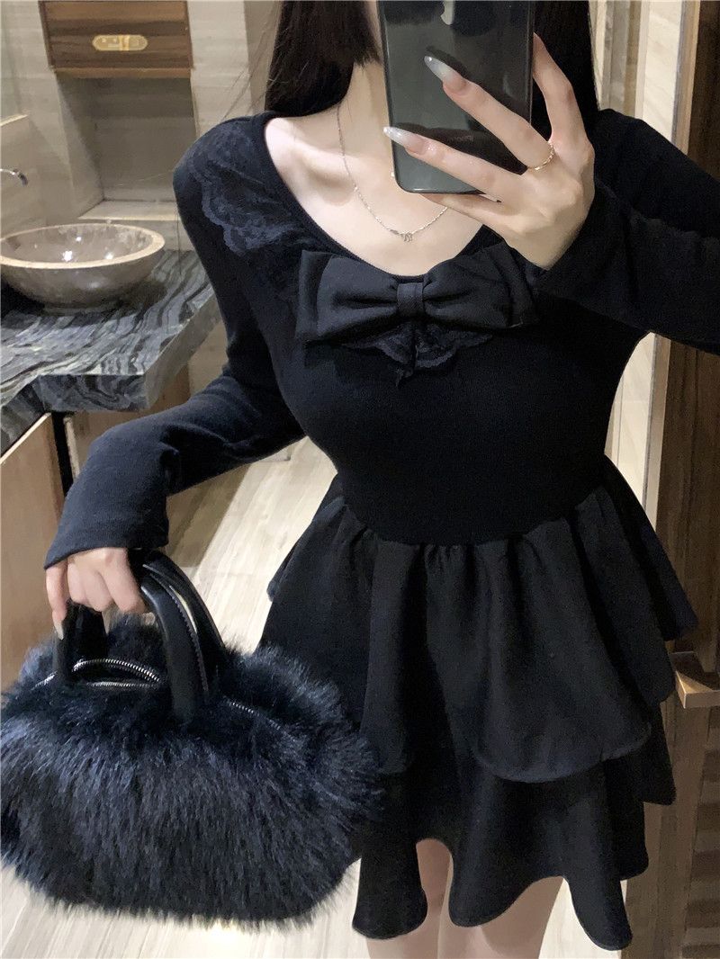 Black bow long-sleeved dress for women in autumn and winter new style inner bottoming waist slimming fluffy cake short skirt
