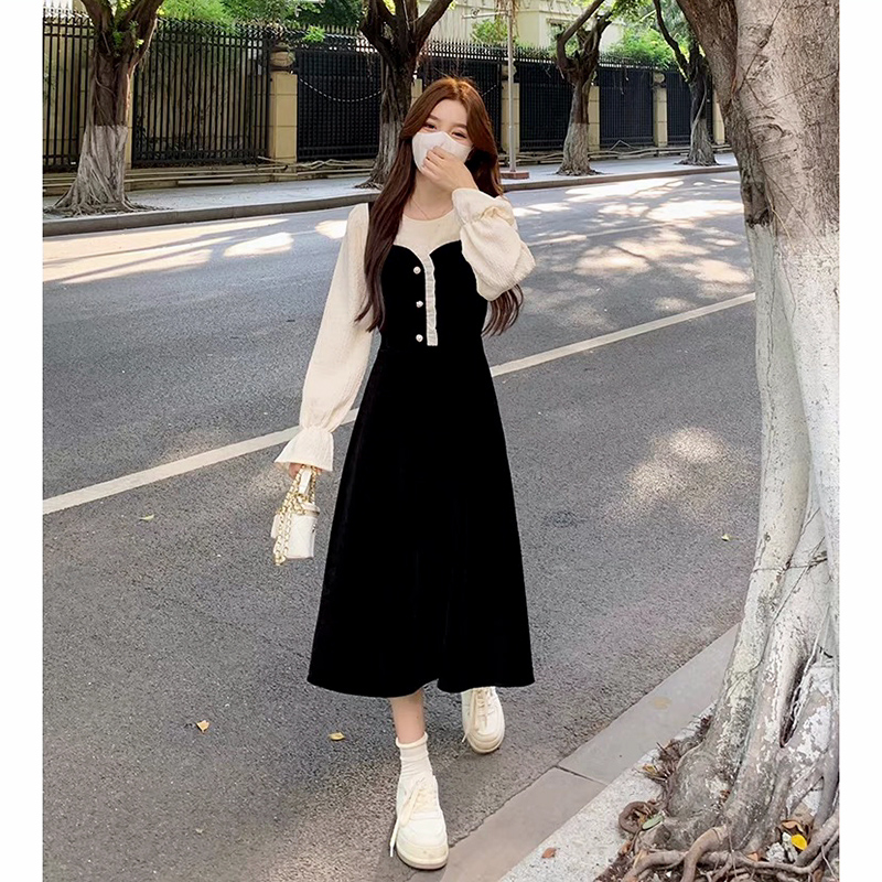 赫本風假兩件拼接連衣裙女秋冬季新款法式高級感氣質修身顯瘦裙子