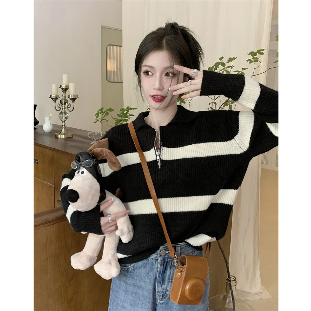 Tmall quality polo collar striped long-sleeved sweater autumn retro French loose lazy style pullover top