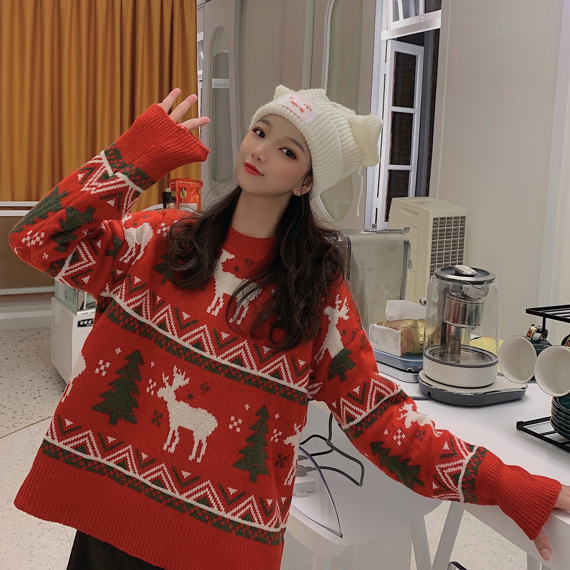 實拍 韓版復古麋鹿聖誕節厚套頭寬鬆針織衫新年紅毛衣女