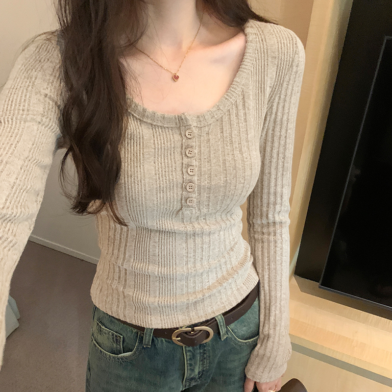 實拍圖美式復古修身顯瘦短款U領長袖T恤女秋冬2023新款短款上衣