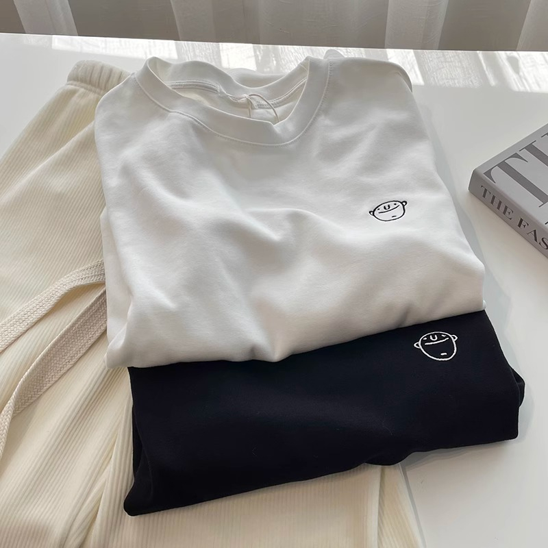 雙面德絨保暖長袖t恤女刺繡圓領韓版百搭寬鬆顯瘦ins加厚洋氣內搭