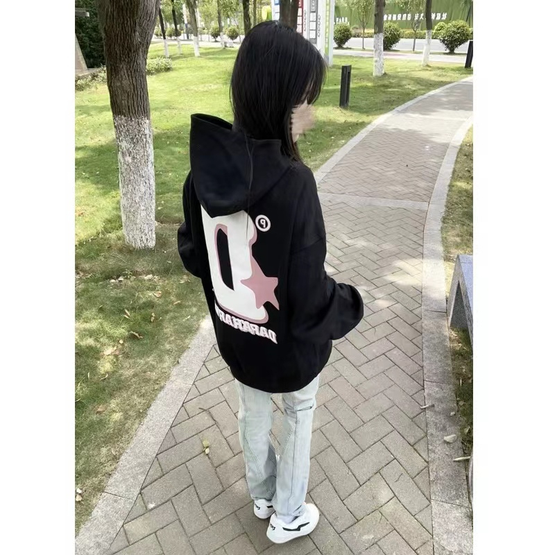 加絨國潮牌美式高街hiphop連帽衛衣閨蜜女春秋高街小眾設計感