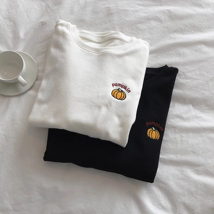 南瓜刺繡!德絨加厚長袖圓領T恤女韓版寬鬆顯瘦黑白純色百搭打底