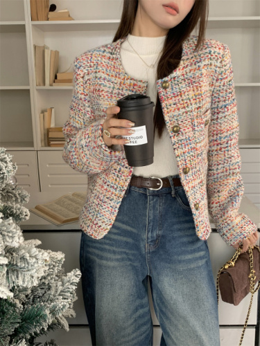 Real shot!  High-end and elegant lady's small fragrant style tweed jacket small versatile quilted top for women