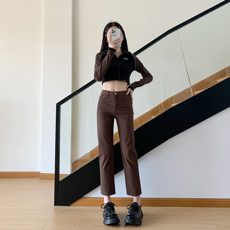 實拍2024早春高腰寬鬆顯瘦直筒牛仔褲女